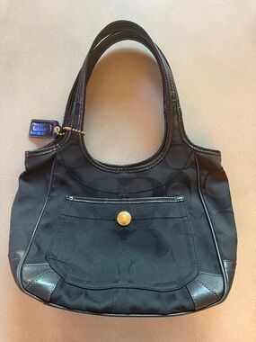 Coach Black Signature Shoulder Bag with Gold-Tone Button